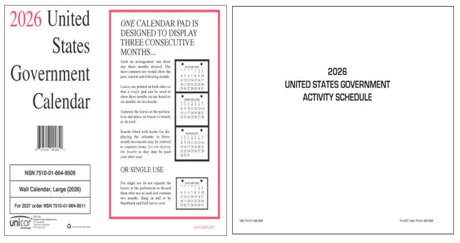 2026, Unicor US Gov Mthly Wall Calendar + Unicor US Gov Activity Schedule