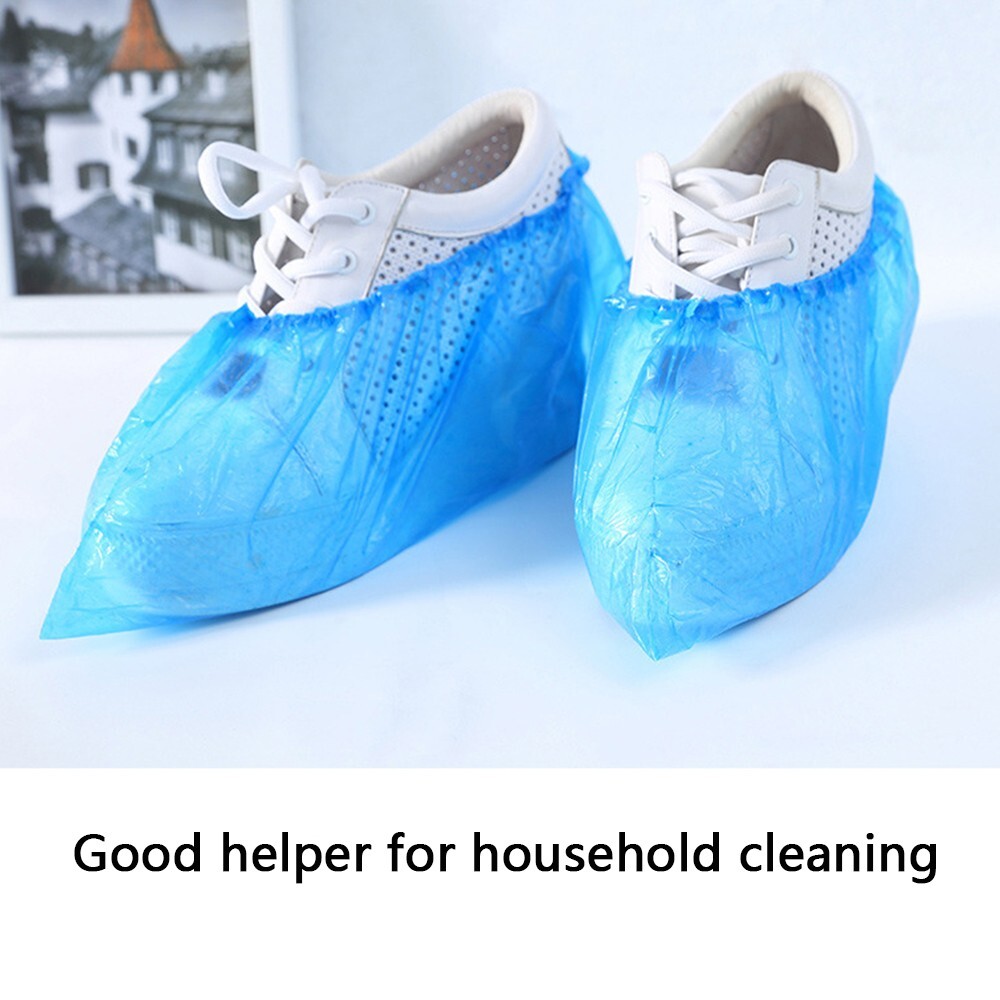 Blue Disposable PE Shoe Covers 100pcs Plastic Shoe Covers Water Dust Proof