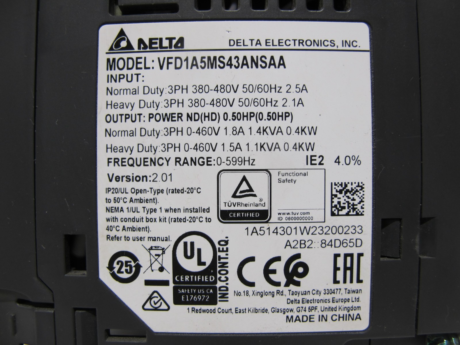 Delta VFD1A5MS43ANSAA .5 HP 480 V MS300 AC Drive 1/2 HP MS-300 0.4 KW 2.01