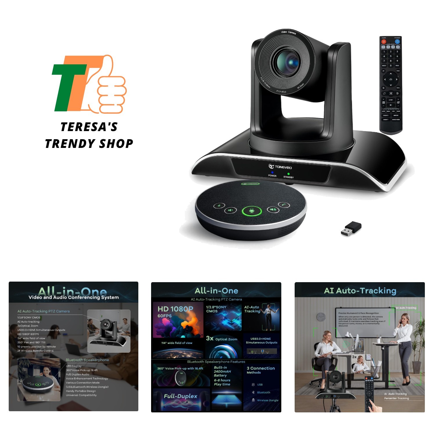 All-in-One AI Auto-Tracking HD Conference Camera and Bluetooth Speaker System