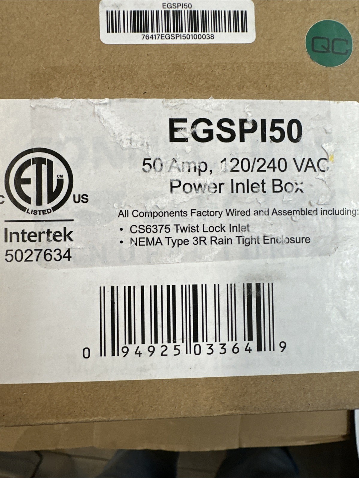 Connecticut Electric P150 Power Inlet Box EGSP150, 50 Amp, 120/240 Volt