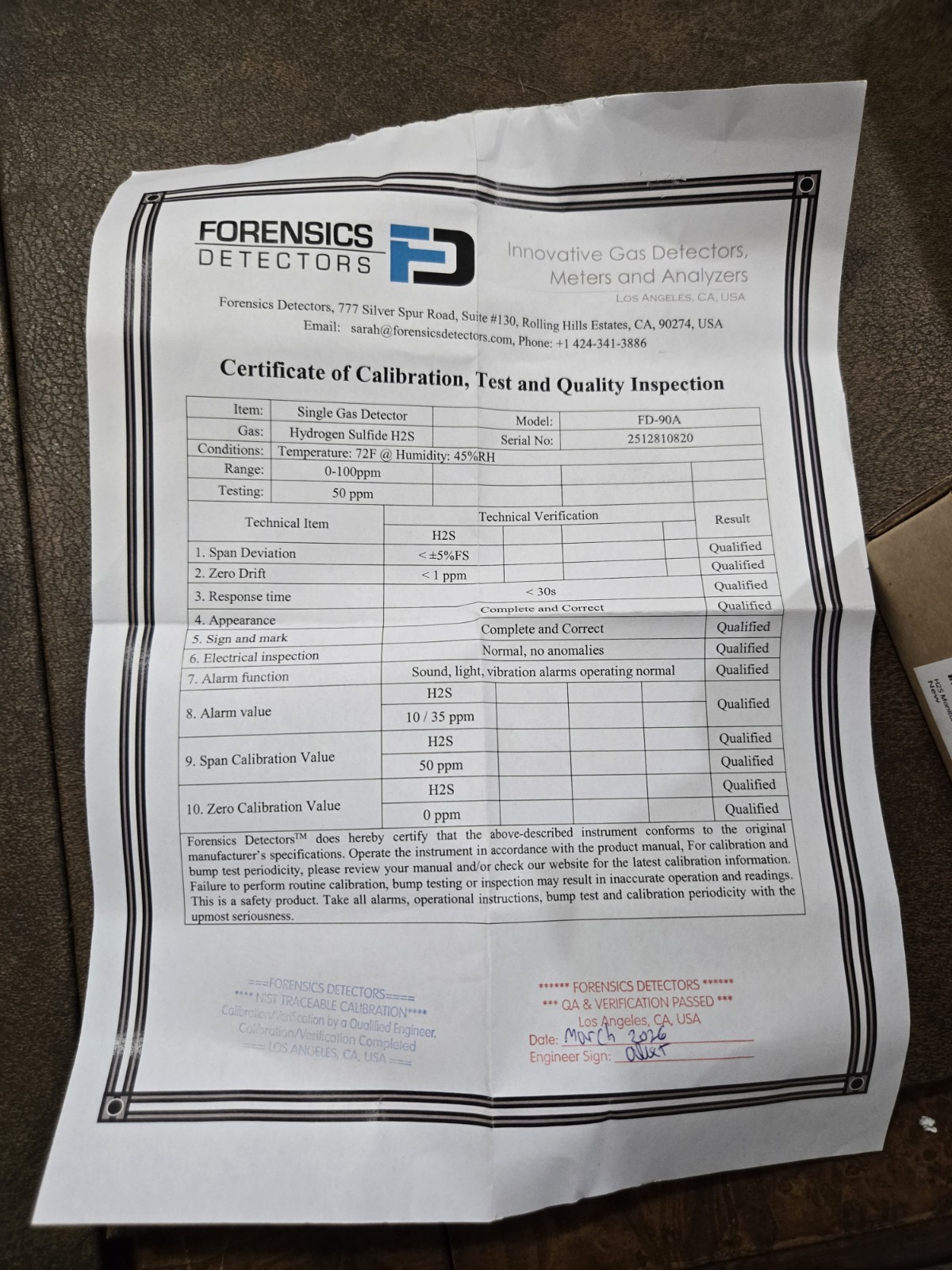 Forensics Detectors H2S Gas & Sampling Pump Calibration Certificate NIST FD-90A