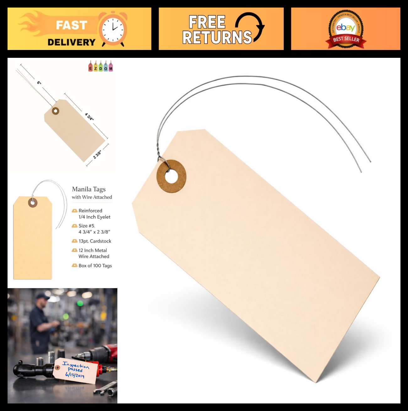 Blank Manila Label Tags with Wire Ties – 100 Pack, 4.75″ x 2.375″, Reinforced Ho