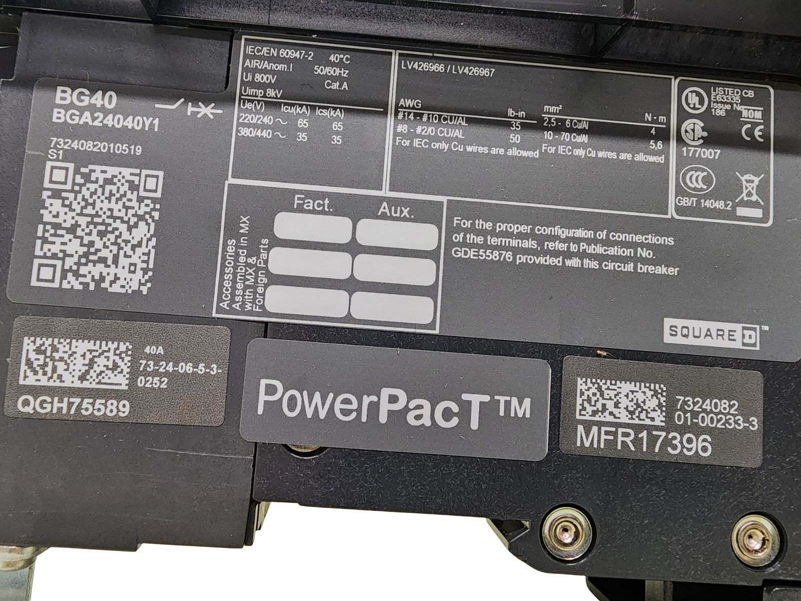 Square D BGA24040Y1 I-Line Circuit Breaker 40A 2-Pole 480Y/277V PowerPact B 35kA