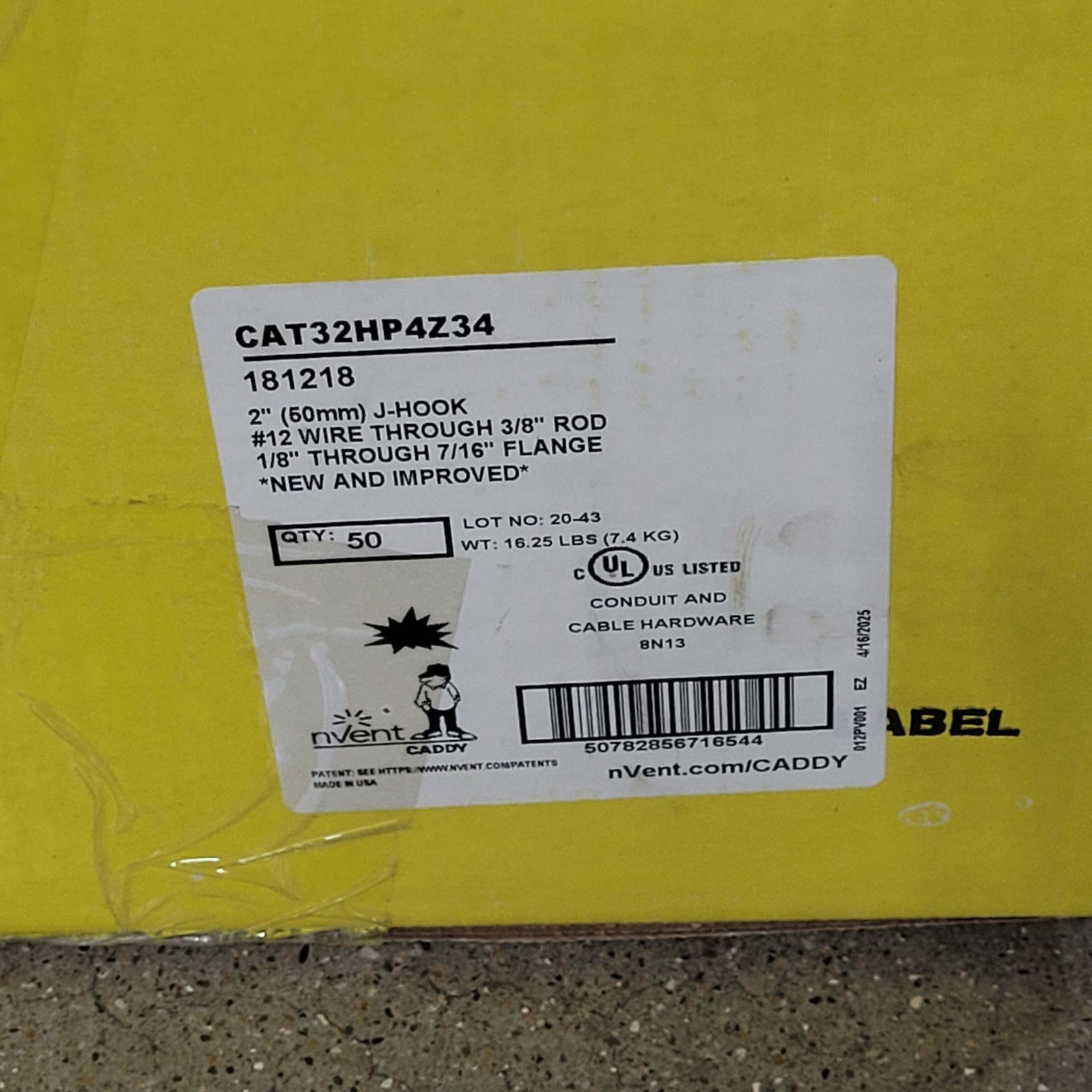 Box of 50 Nvent CAT32HP4Z34 J-Hook, 2″ (50mm), 3/8″ Rod – NEW