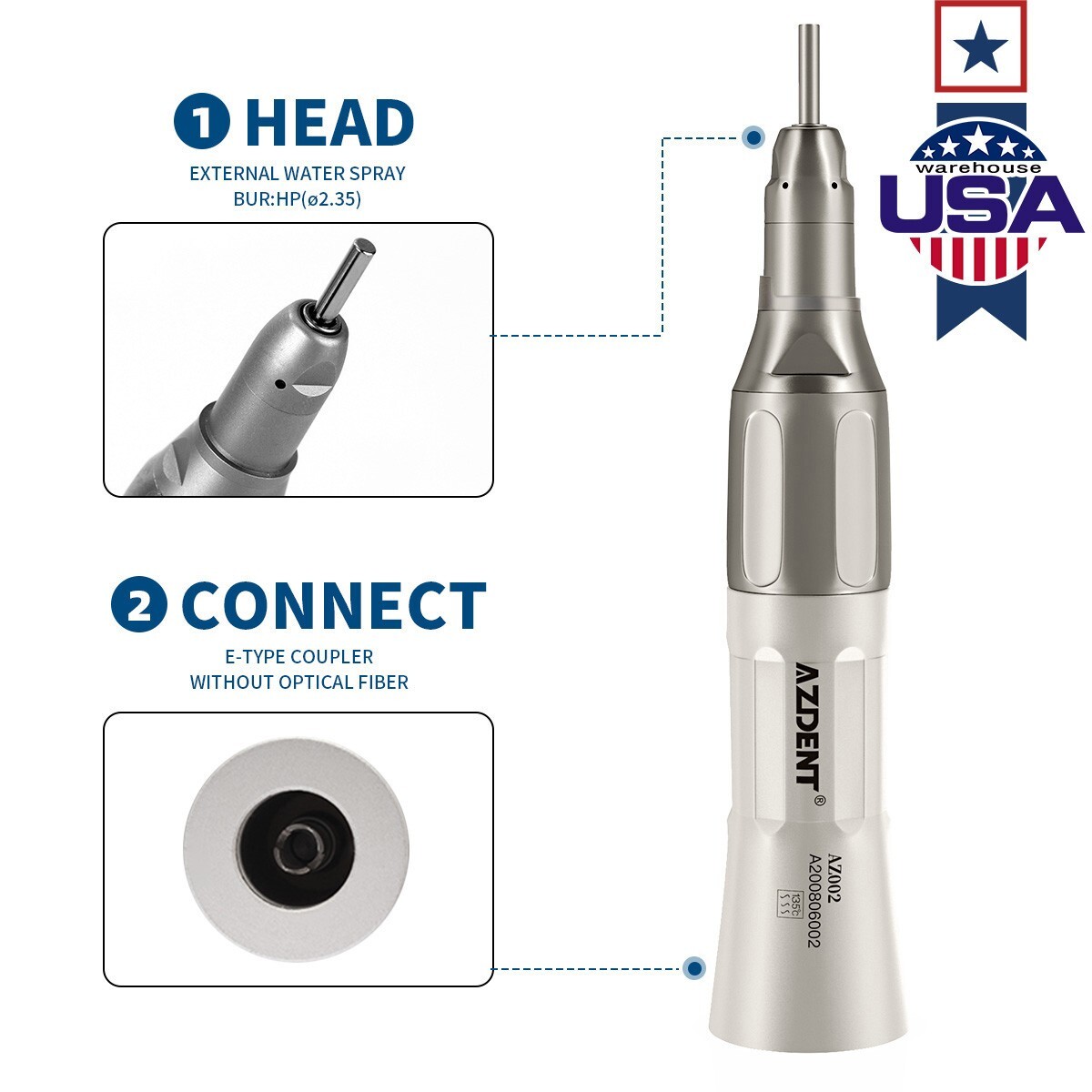 AZDENT Dental 1:1 Direct Drive Slow Low Speed Straight Nose Cone Handpiece