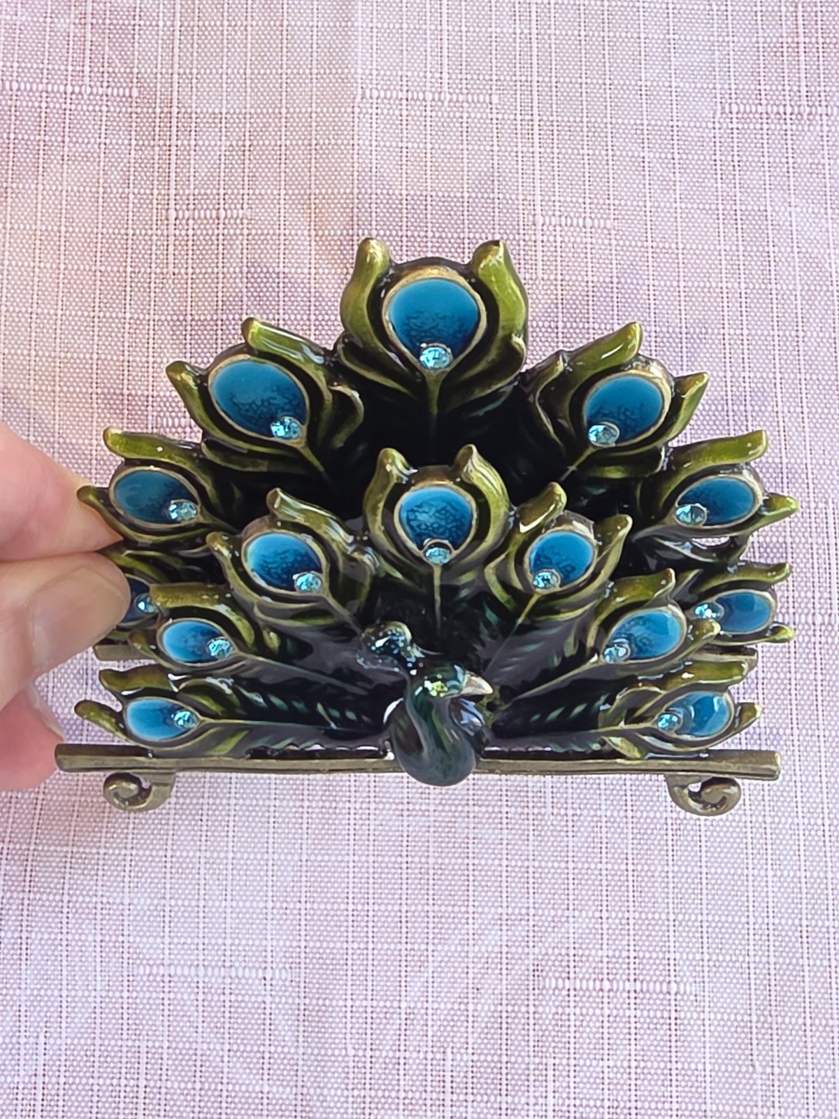 Cracker Barrel Peacock Letter Holder / Mail Organizer – Jeweled Enamel Metal Des