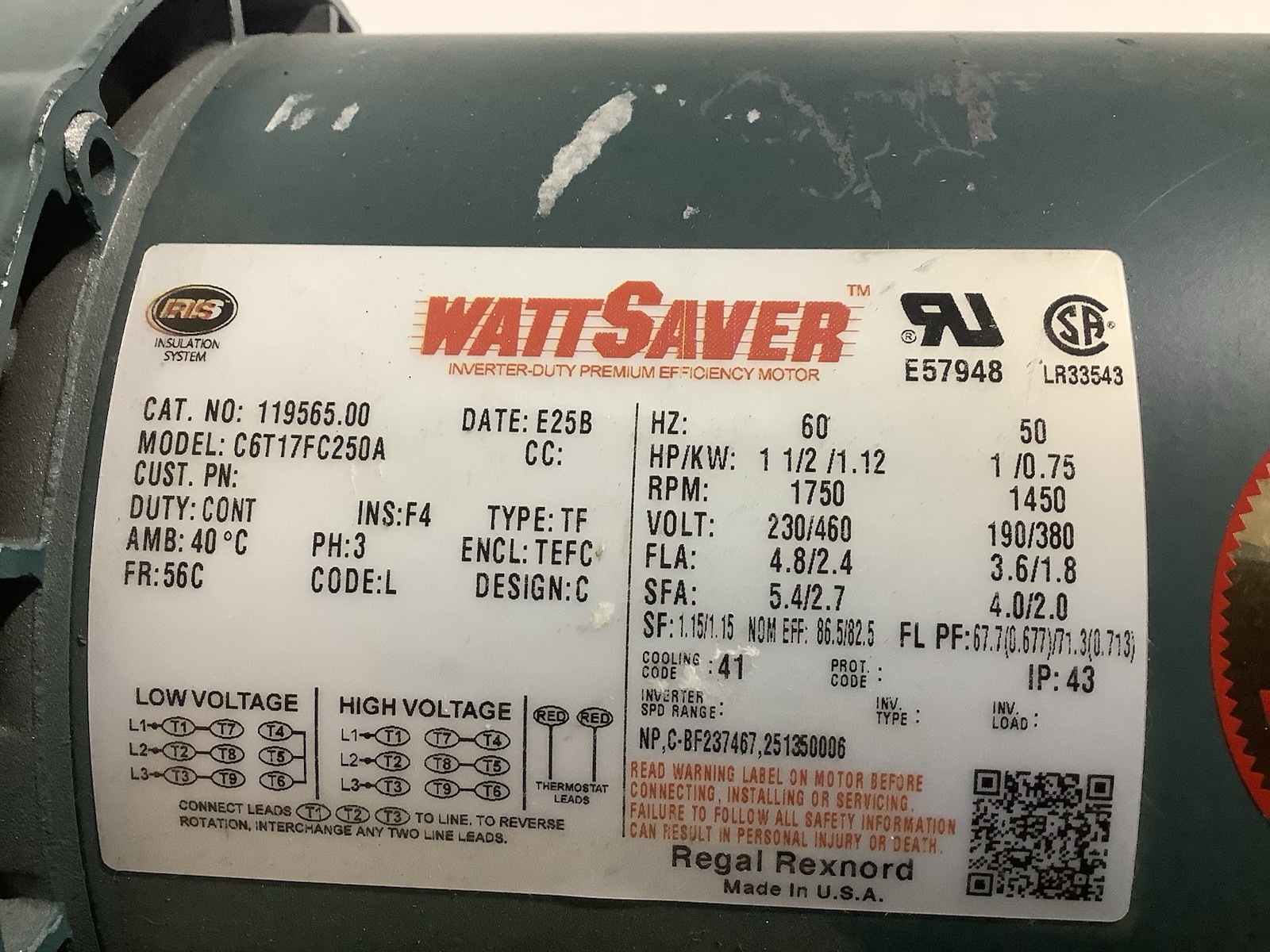 Leeson 119565.00 Wattsaver Brake Motor 1.5HP 1750RPM 56C TEFC 3PH C6T17FC250A