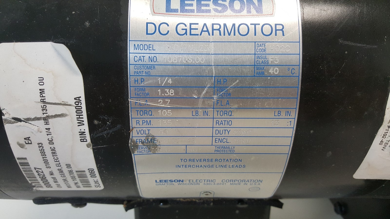 GOOD USED! LEESON 90V 1/4HP PERMANENT MAGNET D.C. GEARMOTOR 108708.00 C4D17NZ23E