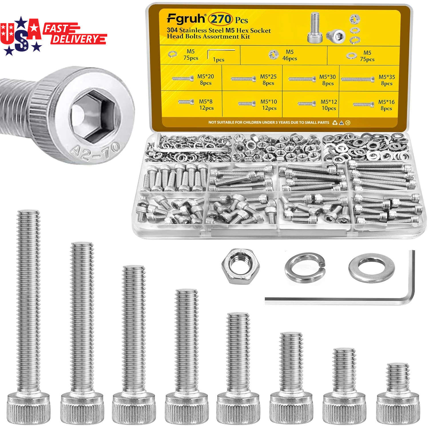 270Pcs M5 Screws with Nuts Assortment Kit, M5X8/10/12/16/20/25/30/35 Mm 304 Stai