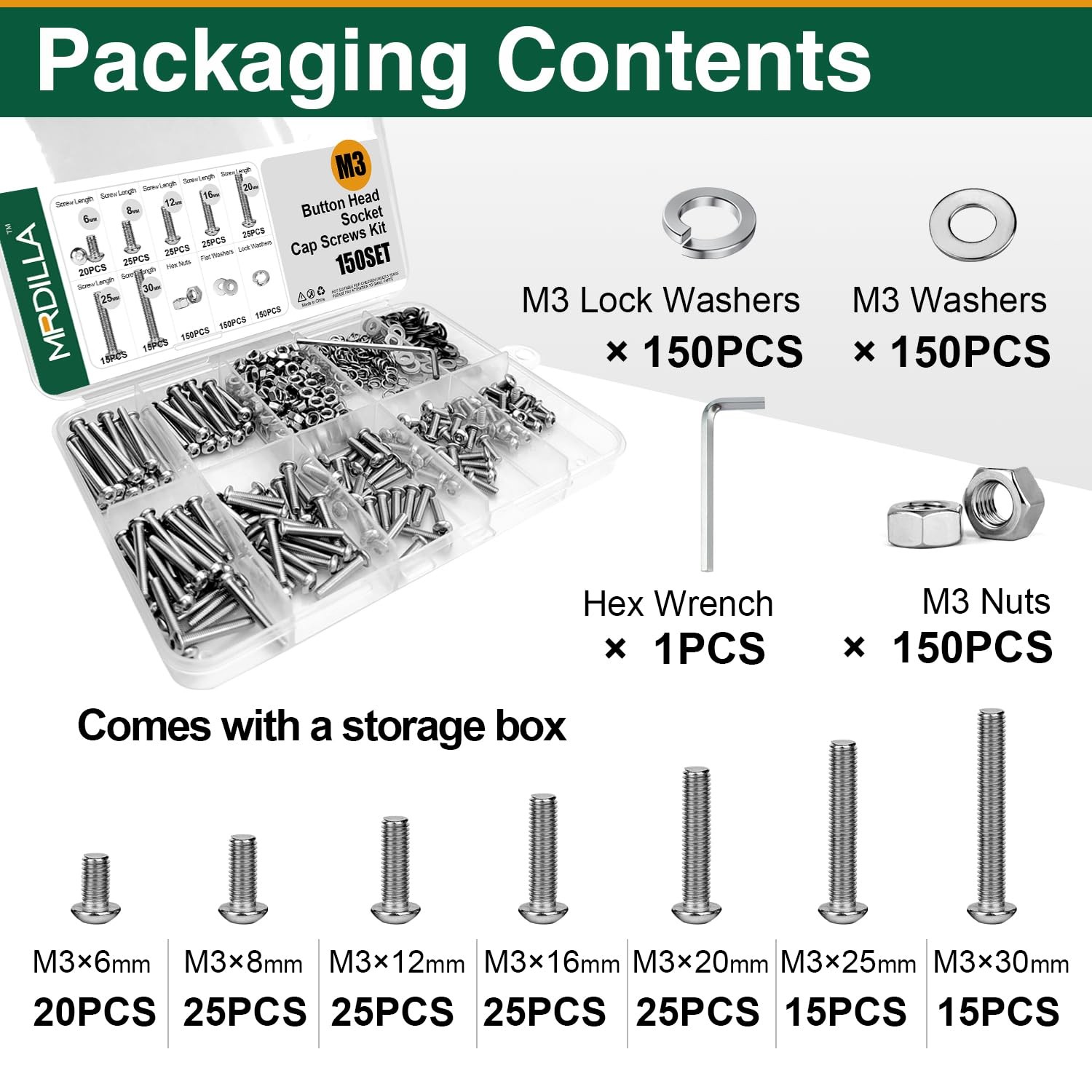 601Pcs M3 Nuts and Bolts Assortment Kit, Hex Socket Button Head Screws with L…
