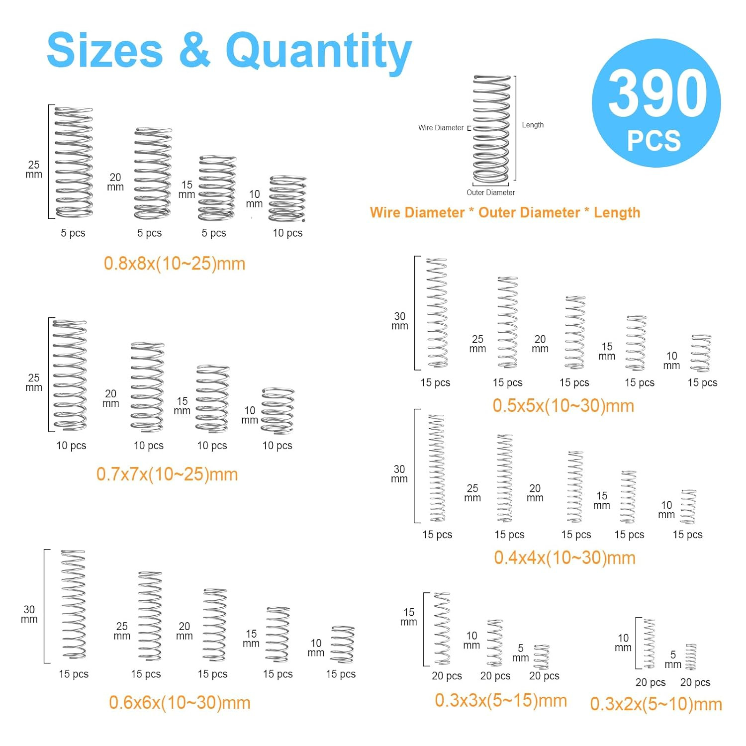 390pc Compression Spring Assortment Kit 28 Sizes Stainless Steel Small Springs