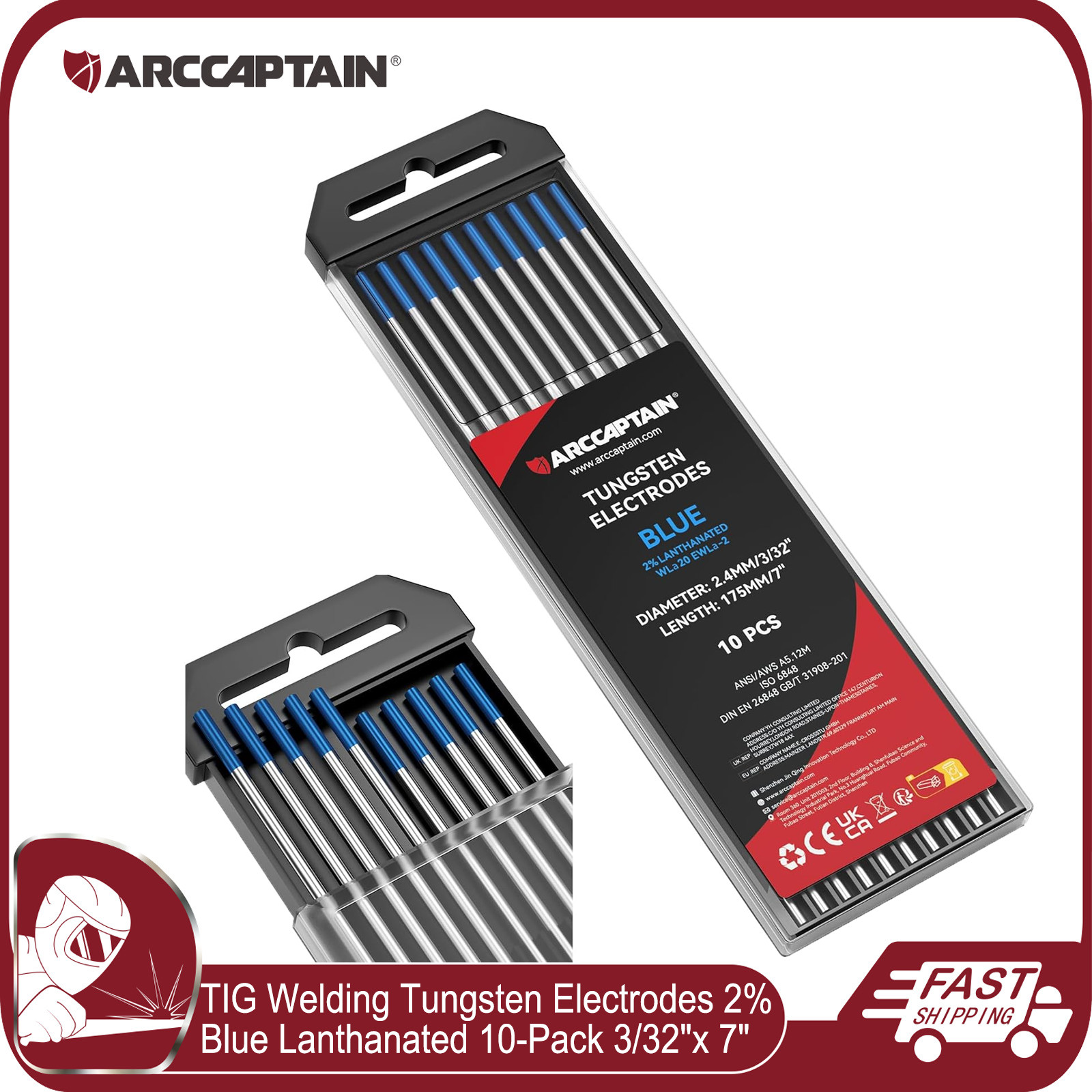 ARCCAPTAIN TIG Welding Tungsten Electrode Blue 2% Lanthanated 3/32″ x 7″ 10-Pack