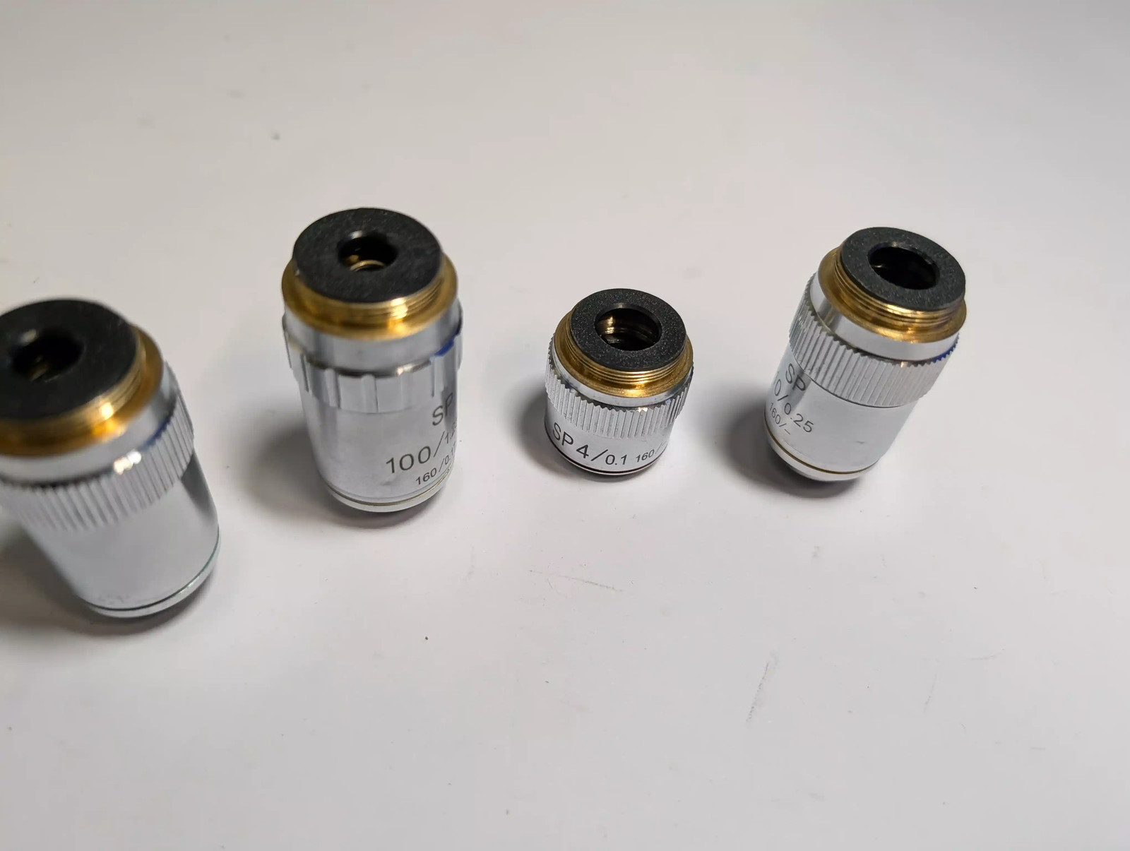 Set of 4 SP Microscope Objective Lenses: 4x, 10x, 40x, 100x Oil