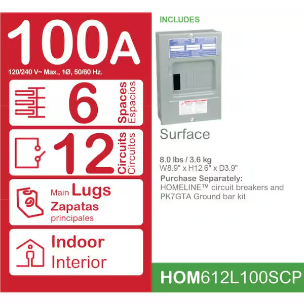 100 Amp Indoor Main Lug Load Center 6 Space 12 Circuit Electrical Sub-Panel Box