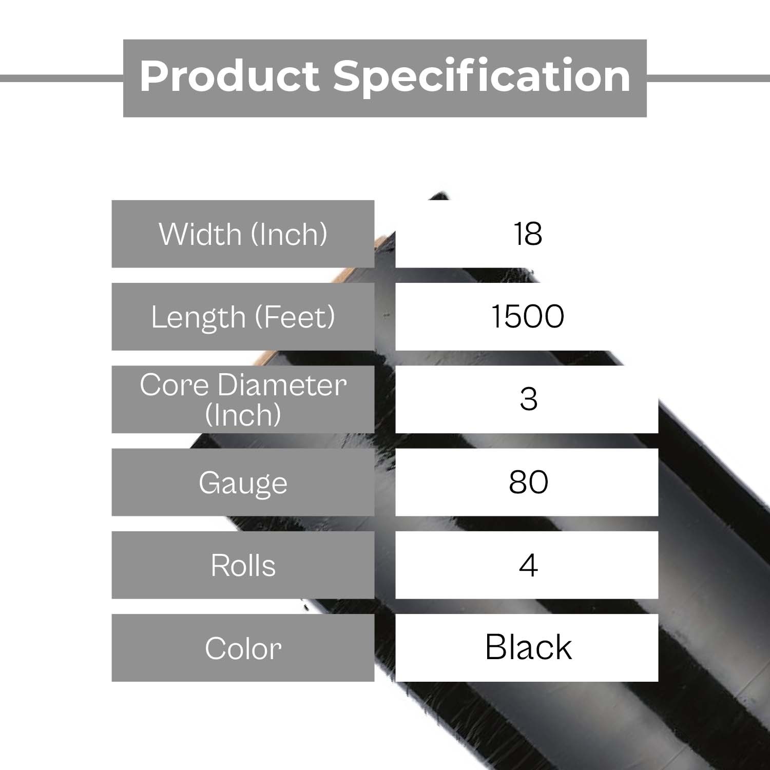 4 Rolls, 18″ x 1500 Ft. 80 Gauge, Black UVI Hand Wrap Pallet Stretch Film