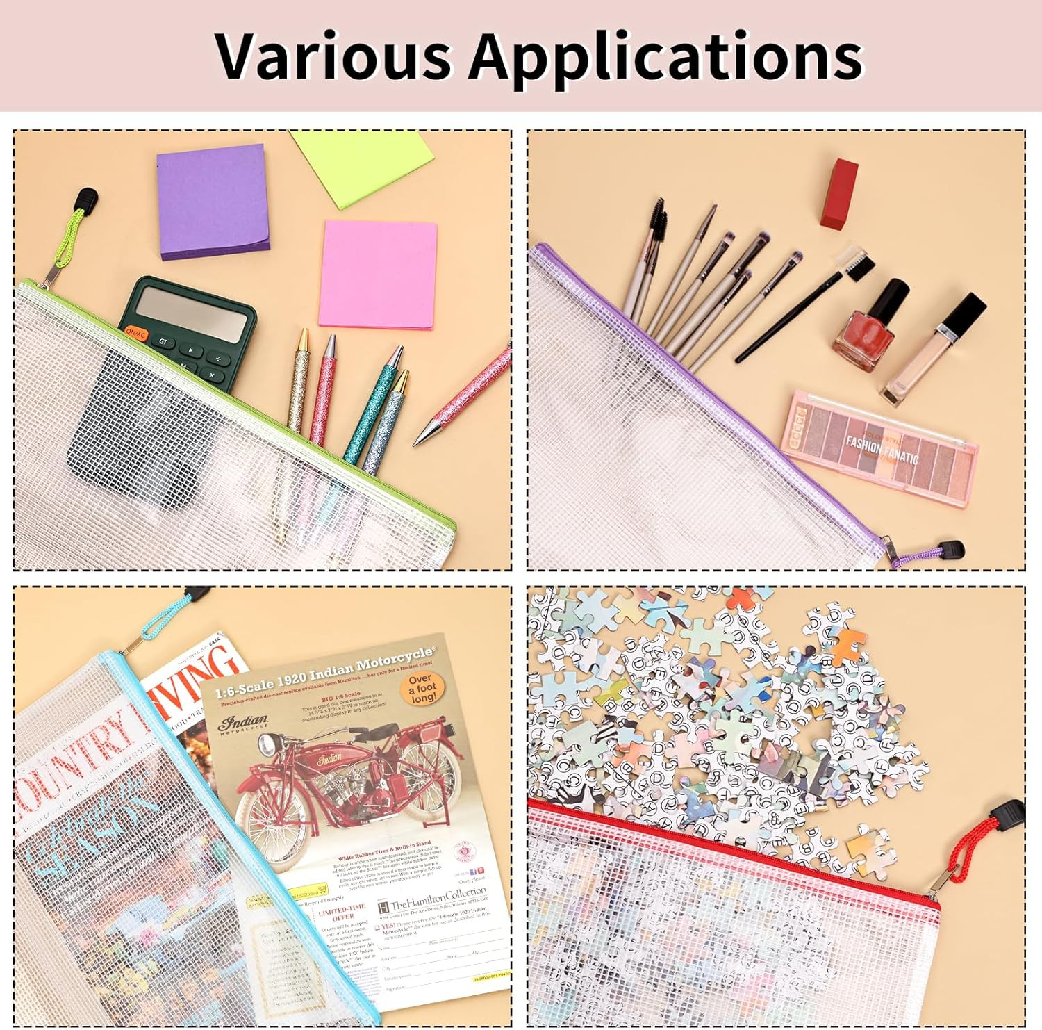 72pcs Mesh Zipper Pouch, A4 Size, 12 Colors Zipper Bags for Organizing Storage,