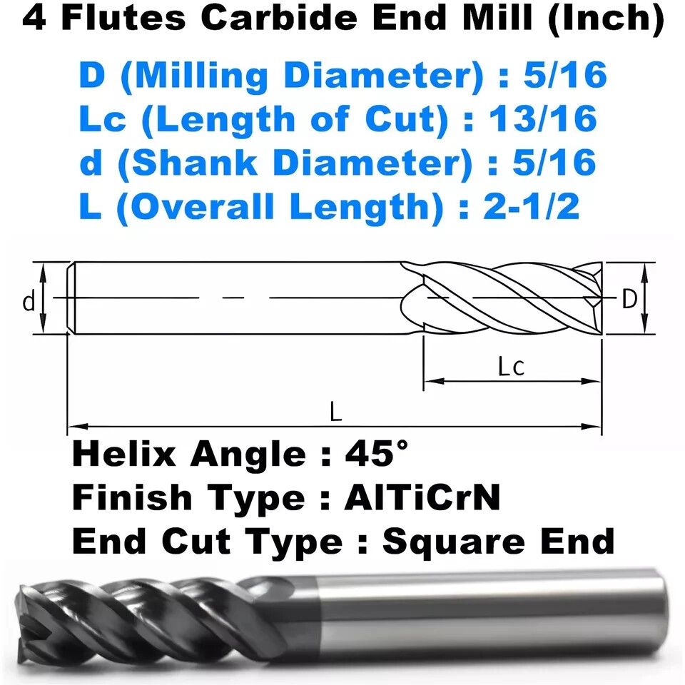 5 PCS 5/16″ 4 Flutes Square 45° Helix Carbide End Mill Bit AlTiCrN Coated HRC 50
