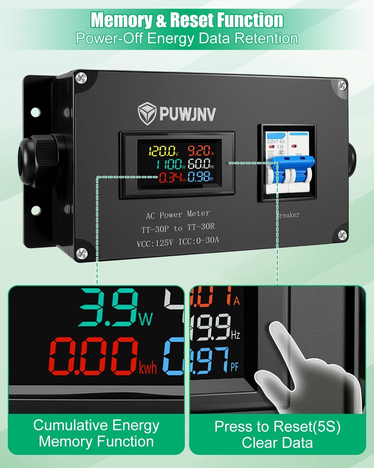 30A AC Power Meter, 125V NEMA TT-30P Energy Monitor, LCD Digital Multimeter, Vol