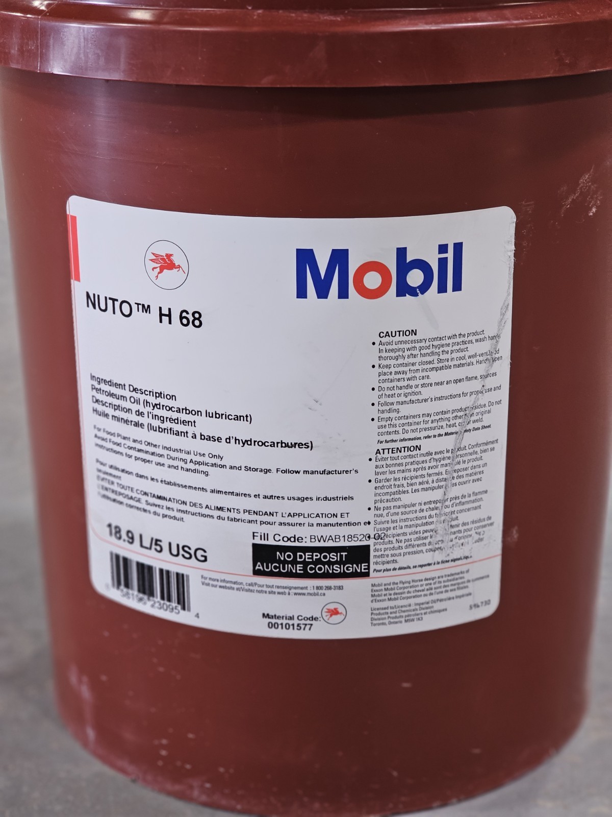 Mobil NUTO H 68 ISO VG 68 Anti-Wear Hydraulic Oil Fluid 5 Gallon Pail 00101577