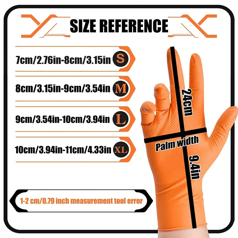 8 Mil Heavy Duty Orange Nitrile Gloves Diamond Textured Disposable Work Mechanic