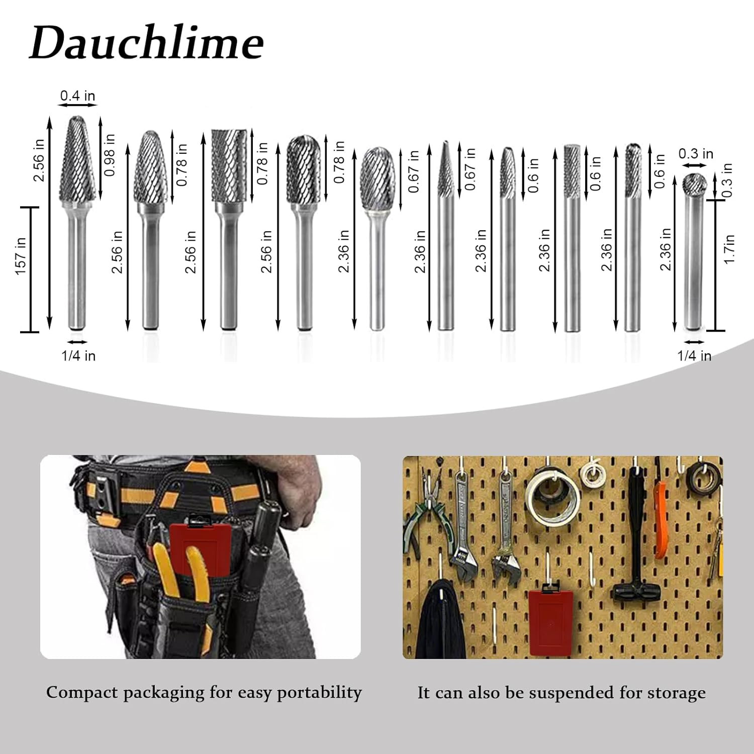 Carbide Rotary Burrs Set with 1/4”Shank 10Pcs Double Cut Solid Tungsten Carbide