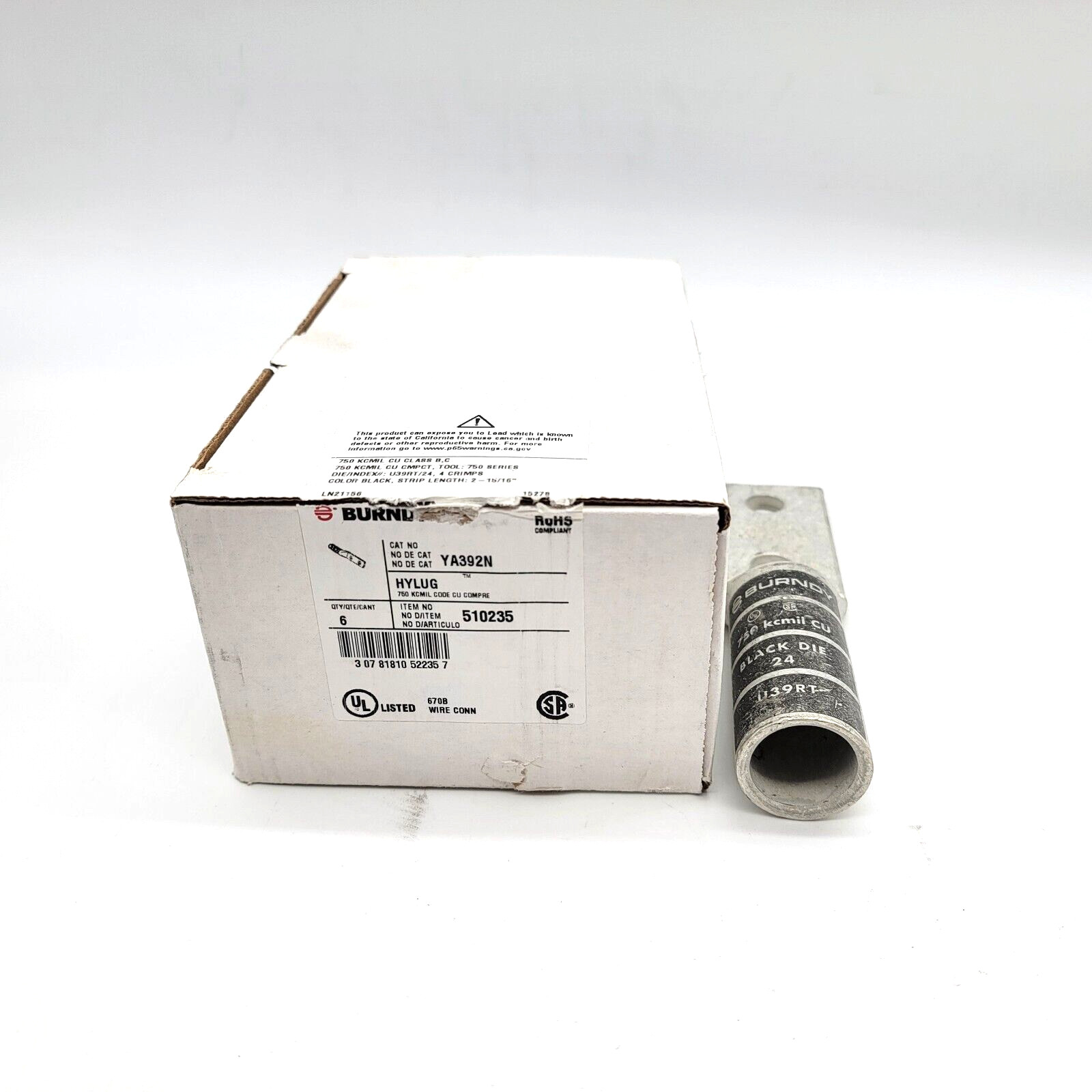 Burndy YA392N 750 KCMIL 1/2″ Stud 2-Hole Compression Lug Box of 6