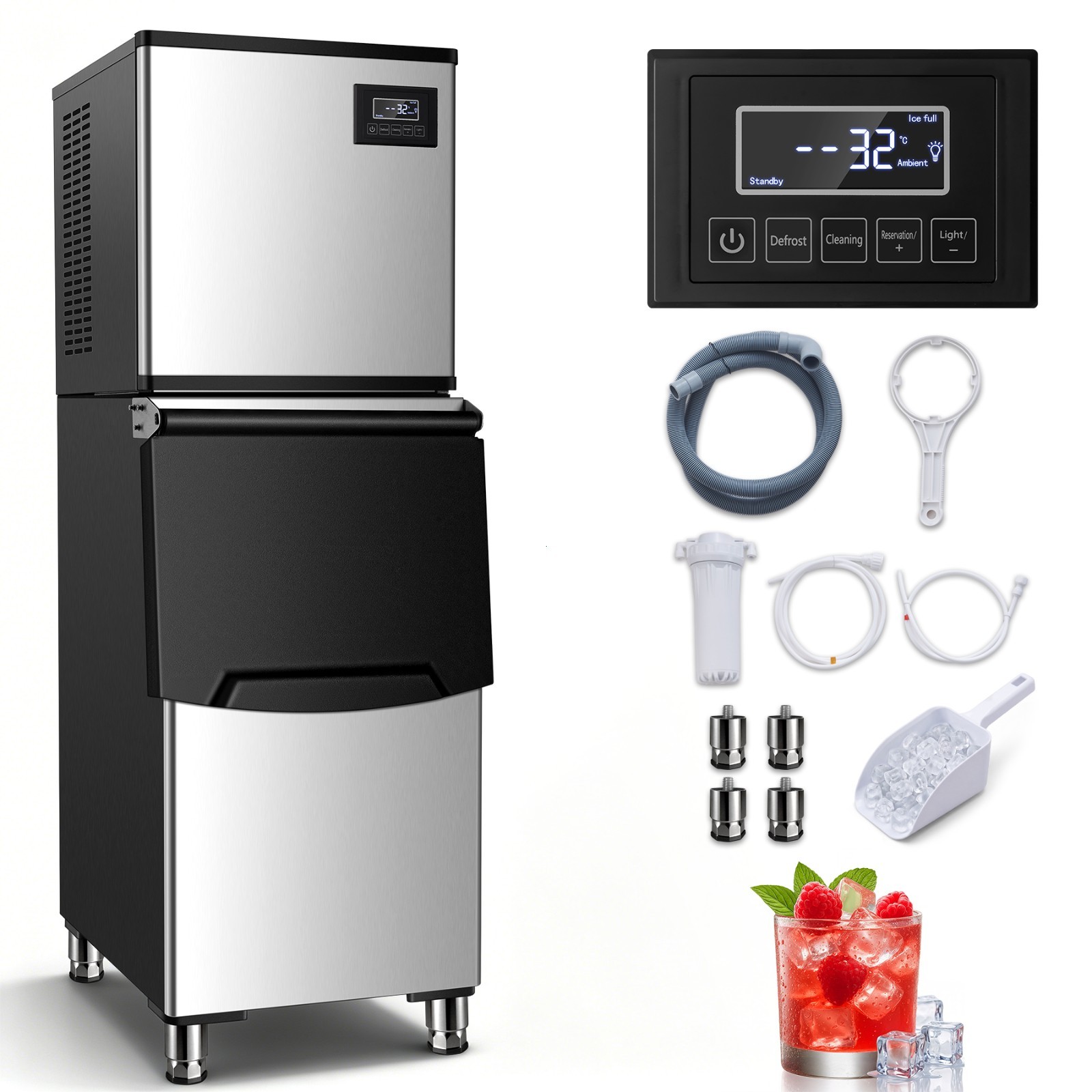 Zomagas Ice Maker 450lbs Daily 250lbs Storage Defrost Self Clean 156 Pcs Cycle
