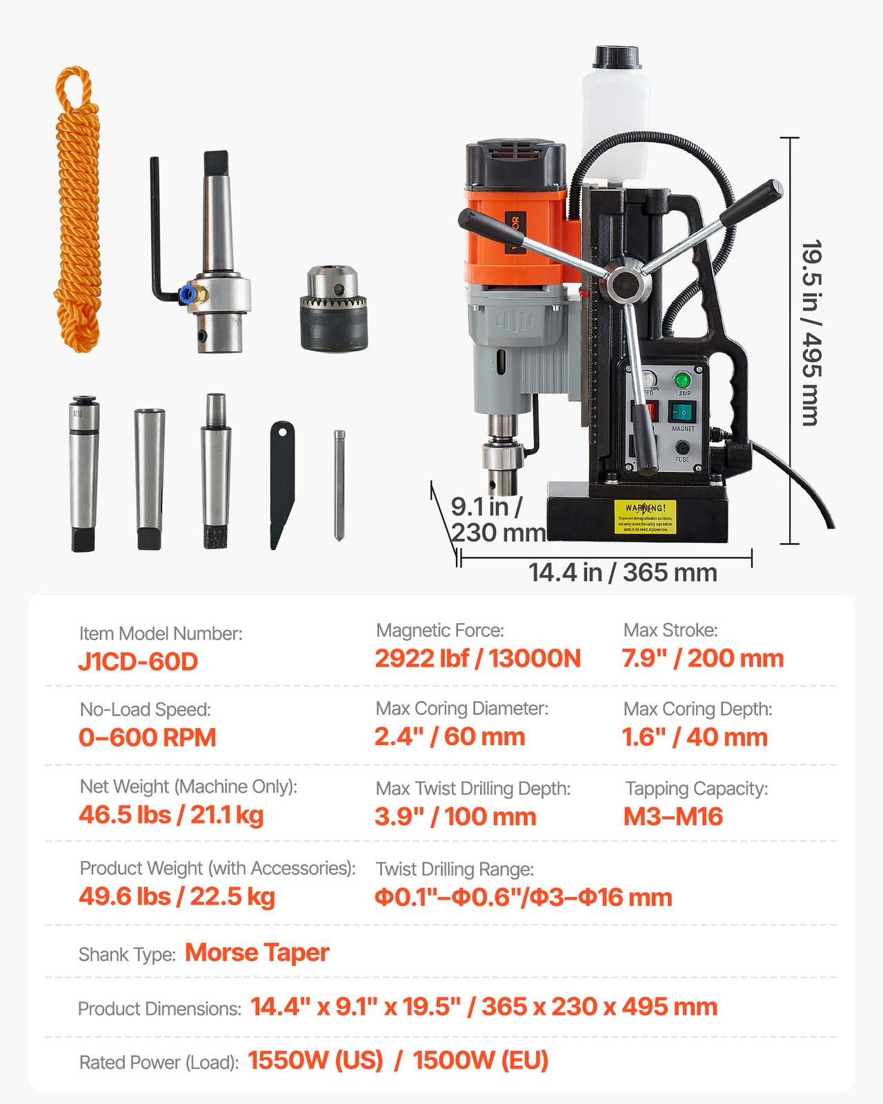 VEVOR Magnetic Drill Press Mag Drill Press 1550 W 2.4 in Boring Dia 0-600 RPM