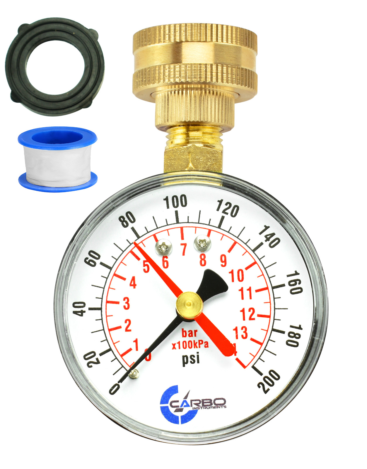 CARBO Instruments 2-1/2″ Water Pressure Test Gauge 200 psi, 3/4″ Female Hose