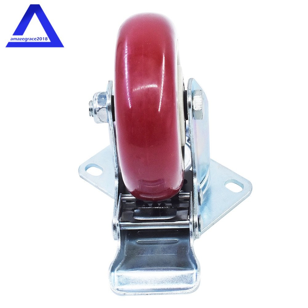 4 Pack 4″ Caster Wheels Swivel Plate Total Lock Brake Red Polyurethane PU