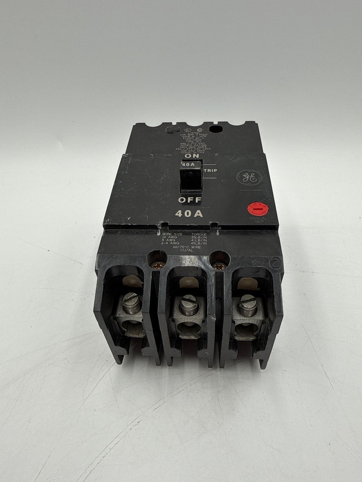 General Electric TEY340 Circuit Breaker 40A 3P 480V TEY 3PH 3 pole 40 Amp Used
