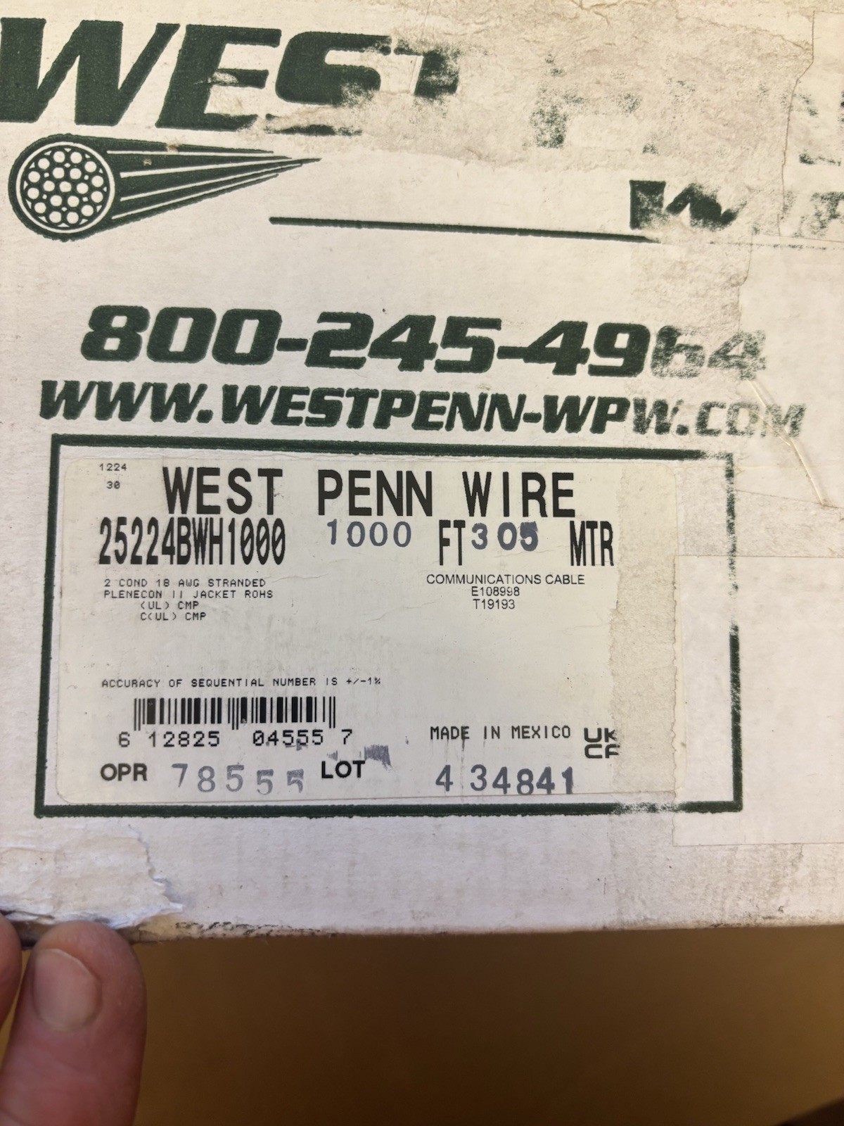 WEST PENN WIRE 25224B 18 AWG 2 Conductor Stranded Unshielded 1000ft White Plenum