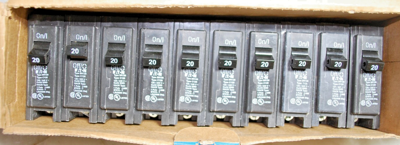 Eaton BR120 20A 1-Pole Circuit Breakers 1 Box of 10 BR Type Plug-In NTO