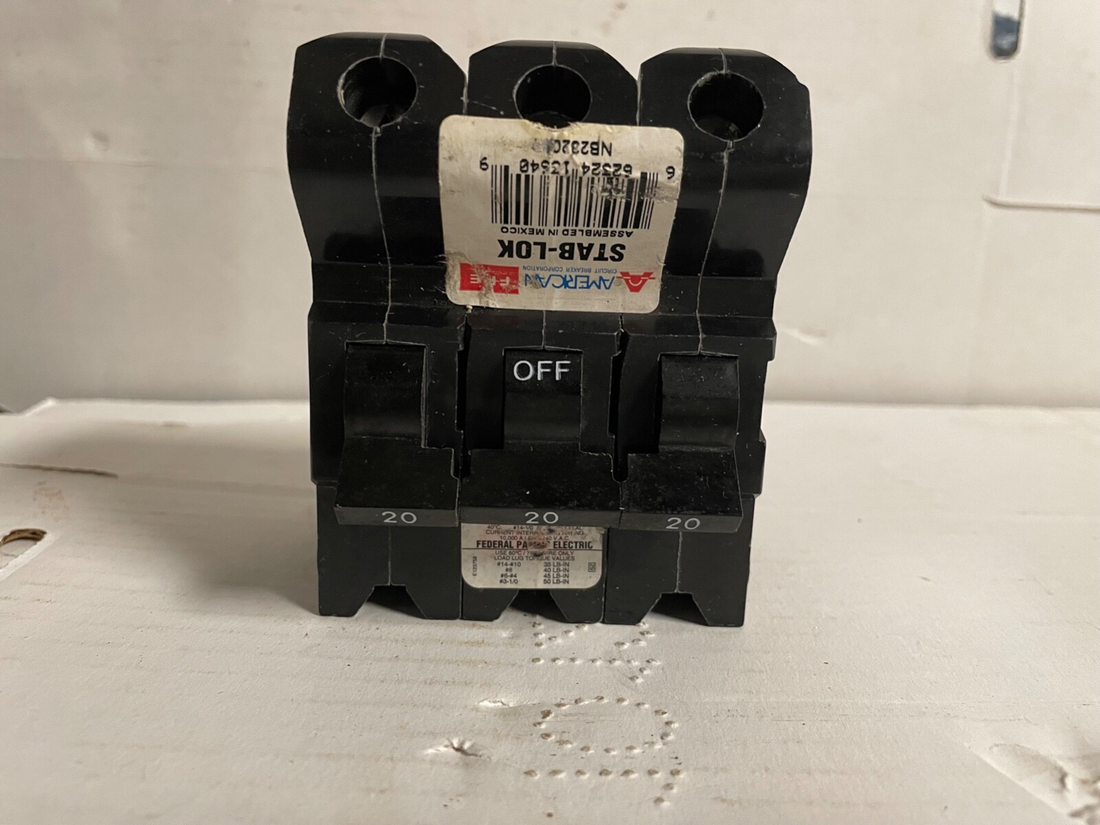 Federal Pacific Electric 3 Pole 20 Amp Type NBA Stab-Lok Circuit Breaker