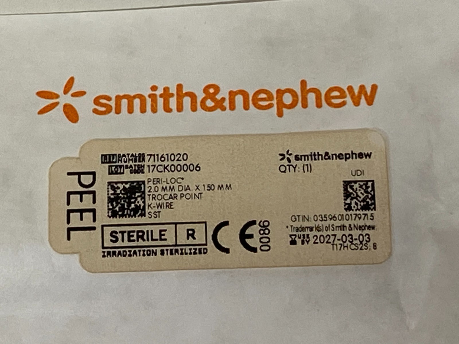 Lot of 15 SMITH & NEPHEW Point K-Wire 71161020 Exp.2027-03 to 2028-09 (*K40)