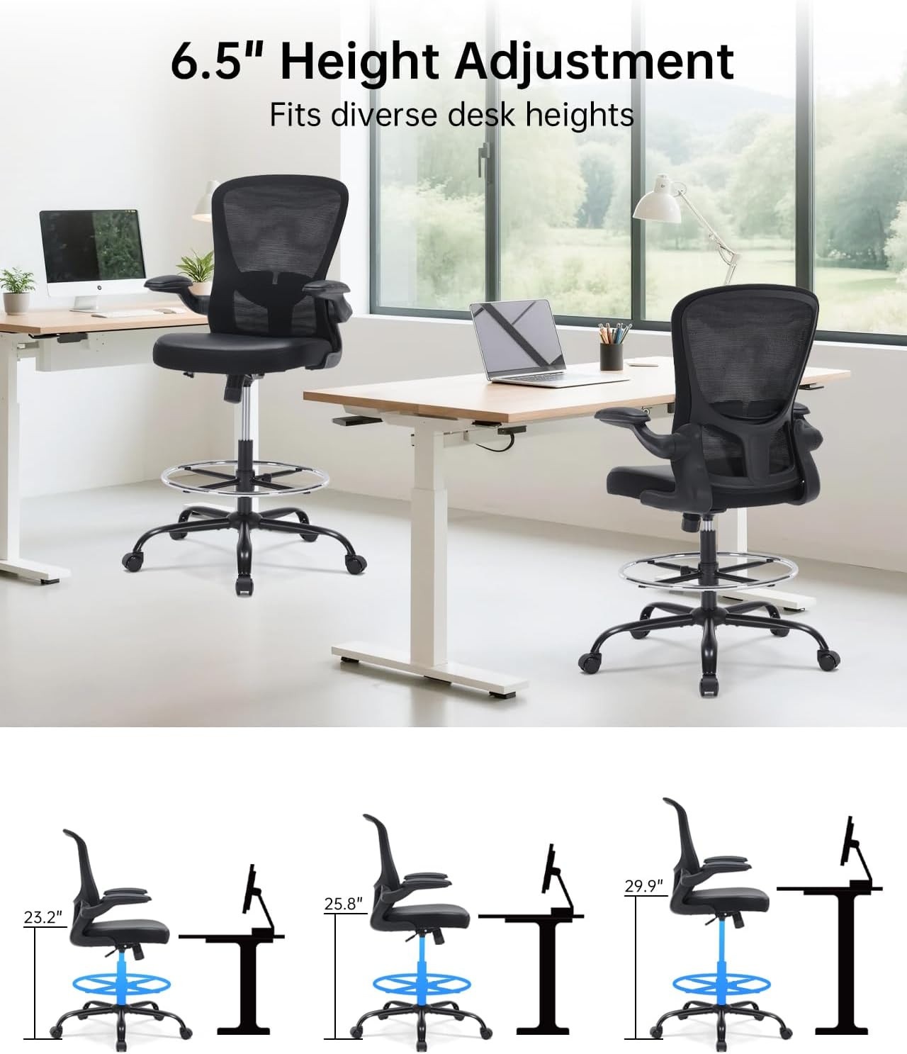 Drafting Chair Tall Office Chair with Flip-Up Arms Adjustable Height Standing De