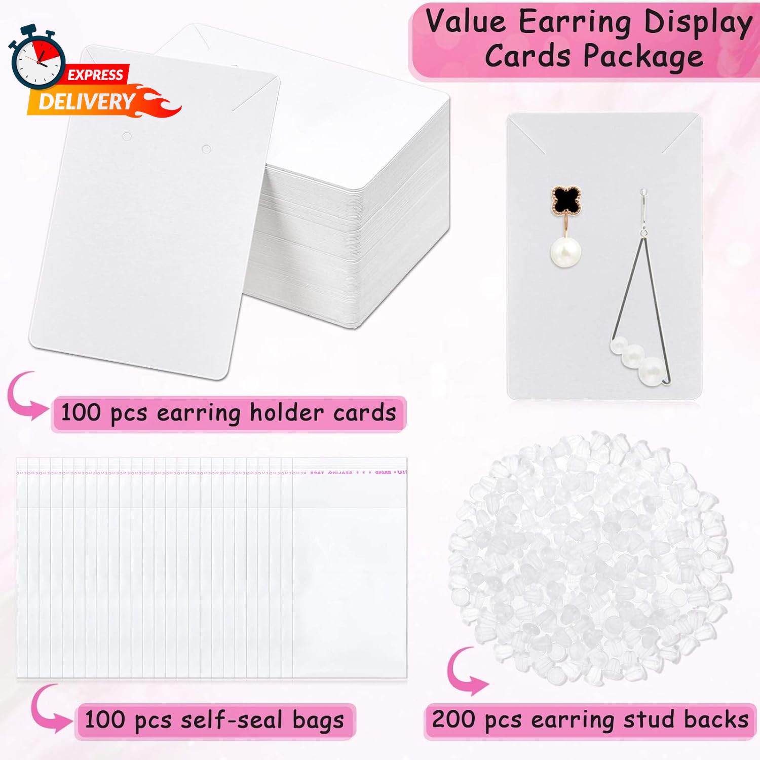 Anezus White Earring Packaging Kit – 400 Pcs with Display Cards, Self-Sealing Ba
