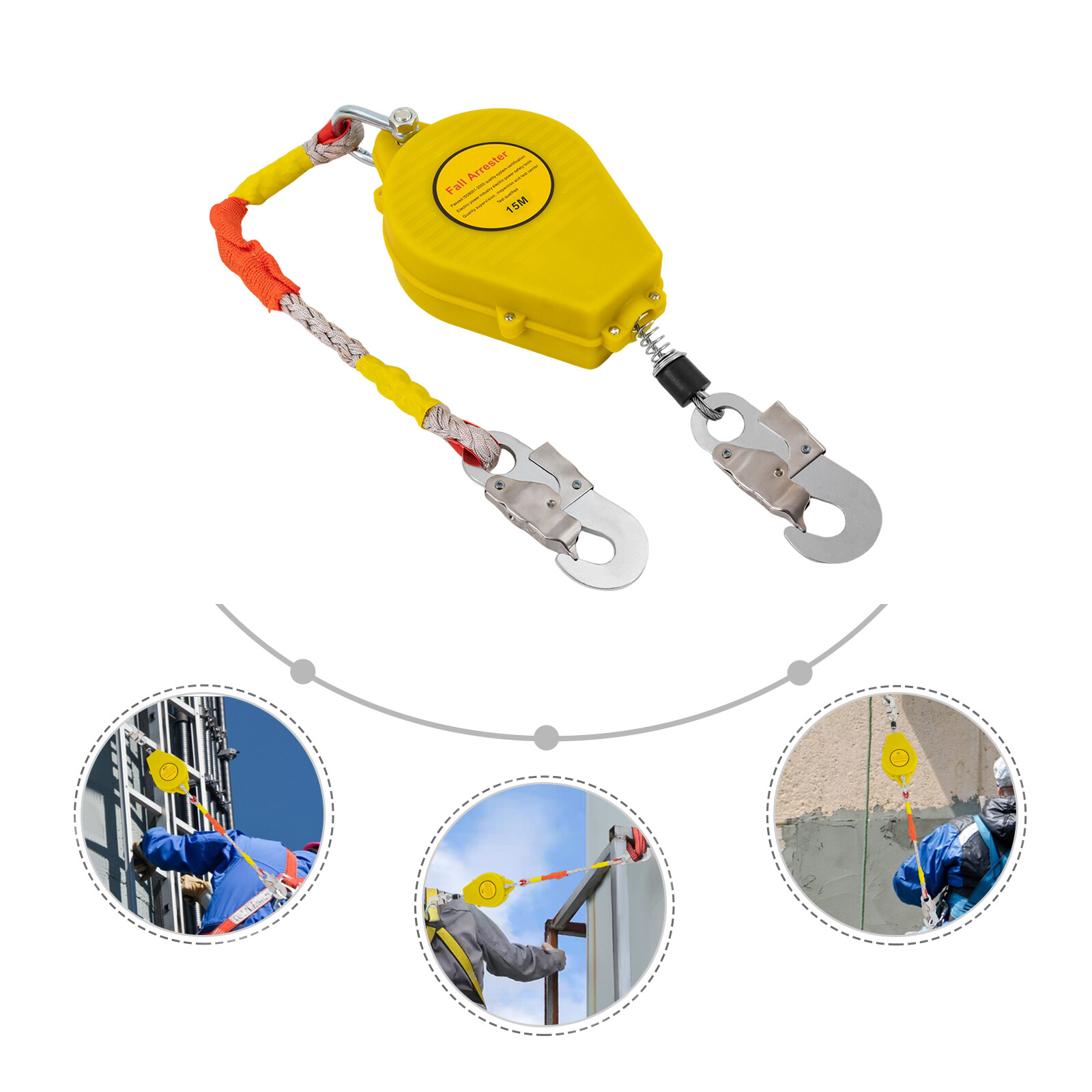 15M Self-Retracting Fall Arrester with Double Locking Hook, 150kg Capacity