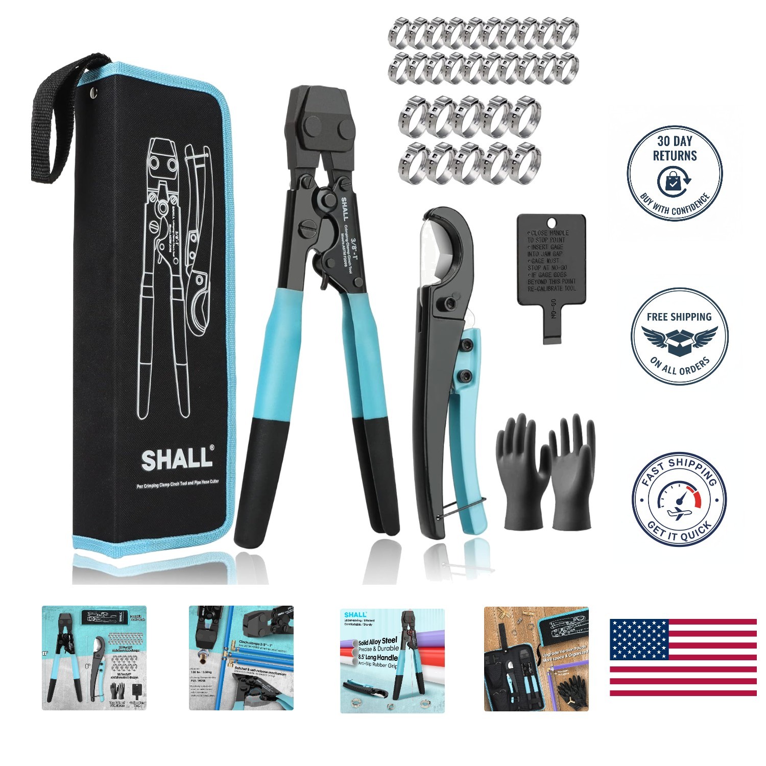 Complete PEX Crimping Tool Kit – Pipe Hose Cutter & 30 Stainless Steel Clamps