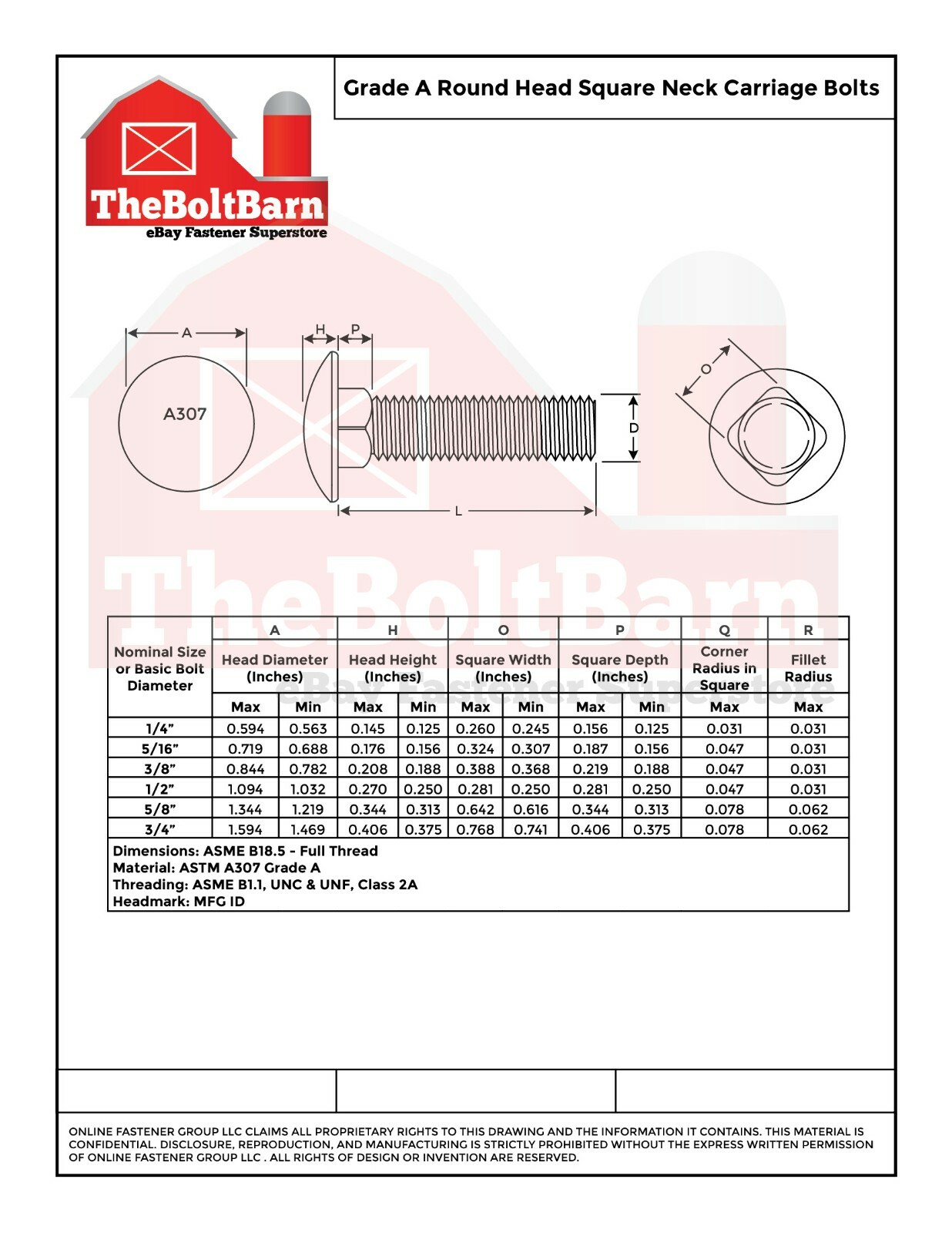1/4″-20 Grade A 307A Full Thread Square Carriage Bolts Zinc (Pick Length & Qty)