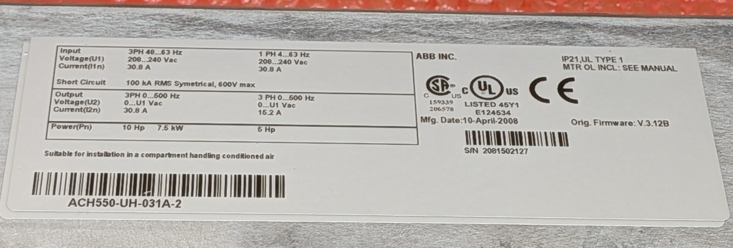 ABB HVAC Variable Frequency Drive ACH550-UH-031A-2 5-10HP 15.2A-30.8A 208-240VAC