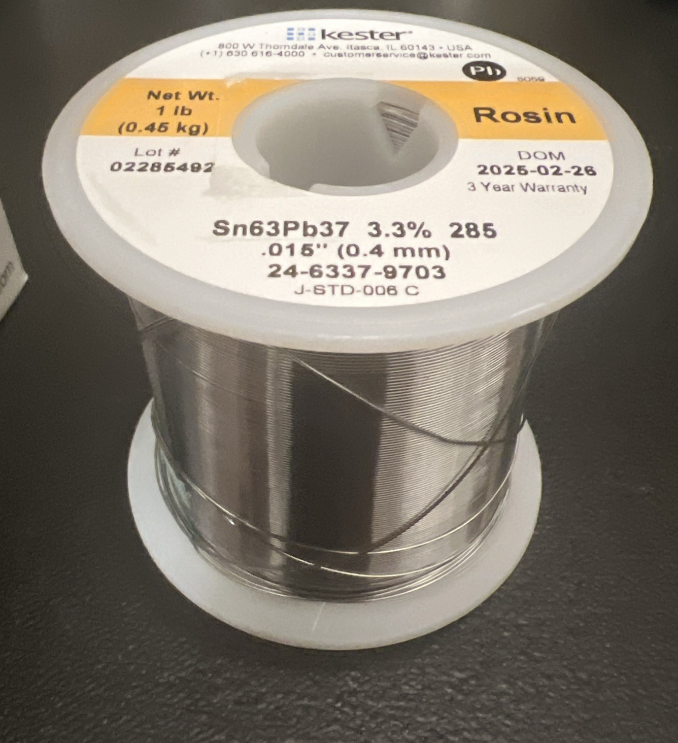 Kester 24-6337-9703 Solder Wire Sn63/Pb37 0.015” 0.4mm 1lb Rosin 285 – DOM 2025+