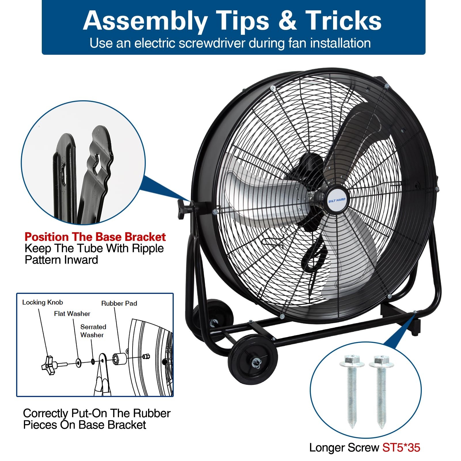 BILT HARD 24″ 8100 CFM High Velocity Industrial Drum Fan, 24 Inch, Black