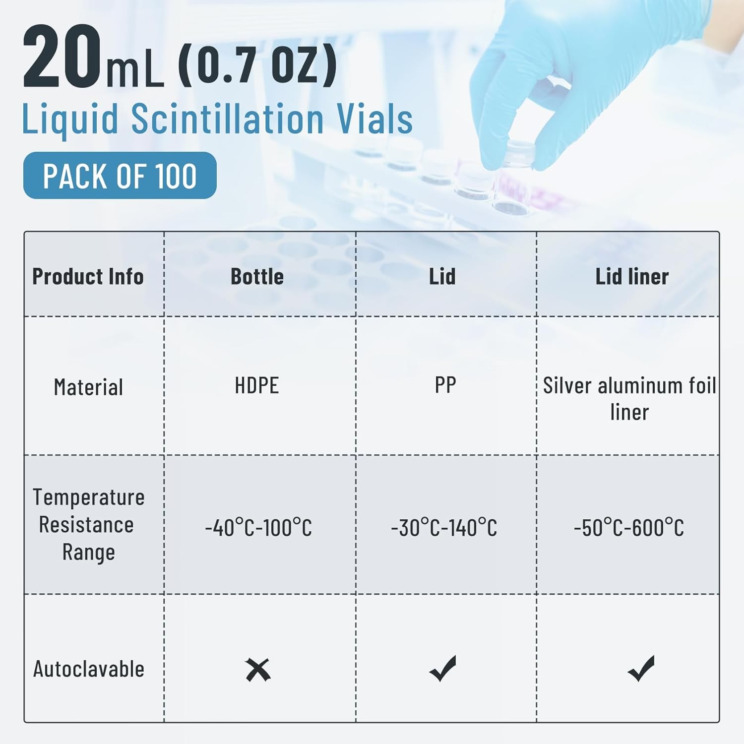 20mL Scintillation Vial HDPE Scintillation Vials w/22-400 White Screw Cap 100Pcs