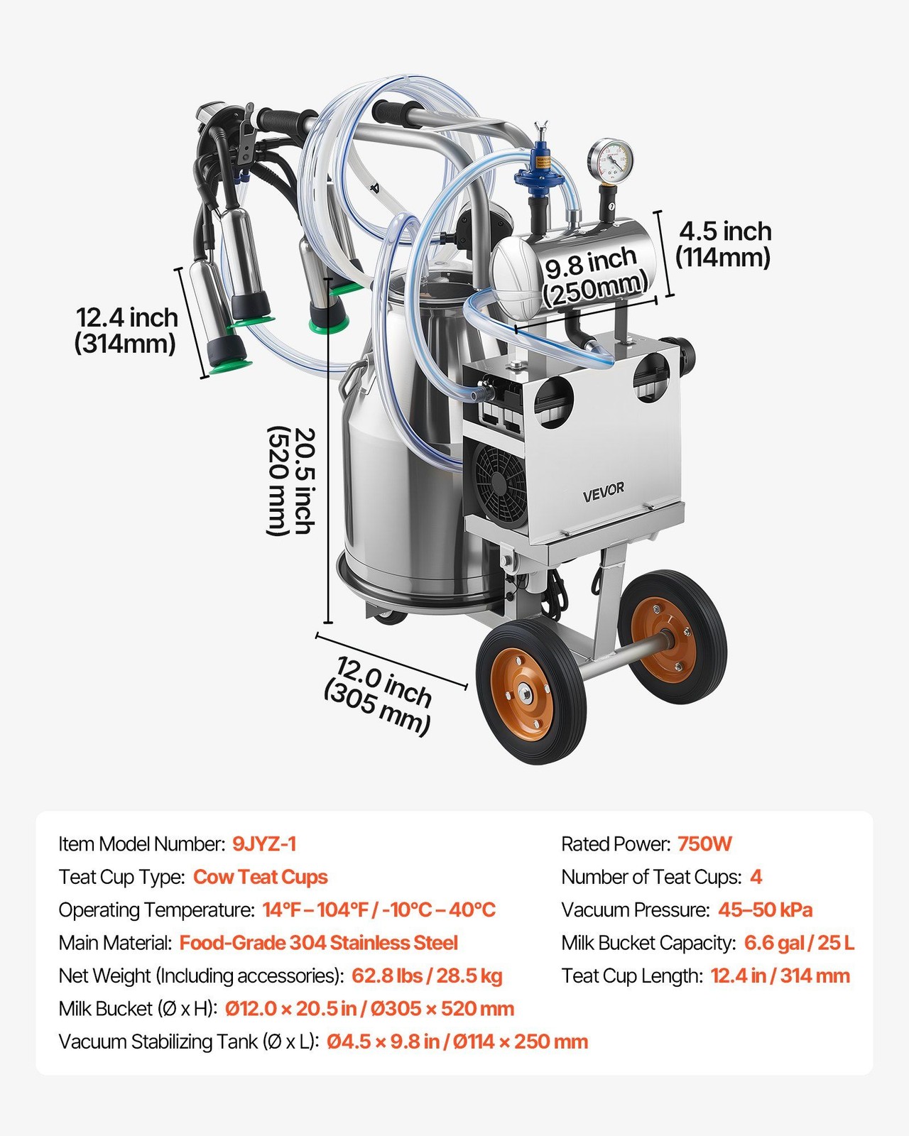 Stainless Steel Cow Milker: 25L Bucket, 45-50kPa Vacuum, Pulsation, Casters
