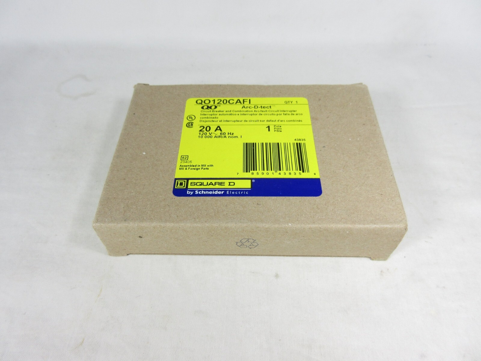 Schneider, Square D, Circuit Breaker, QO120CAFI, 20 Amps, 120 Volts, New in Box