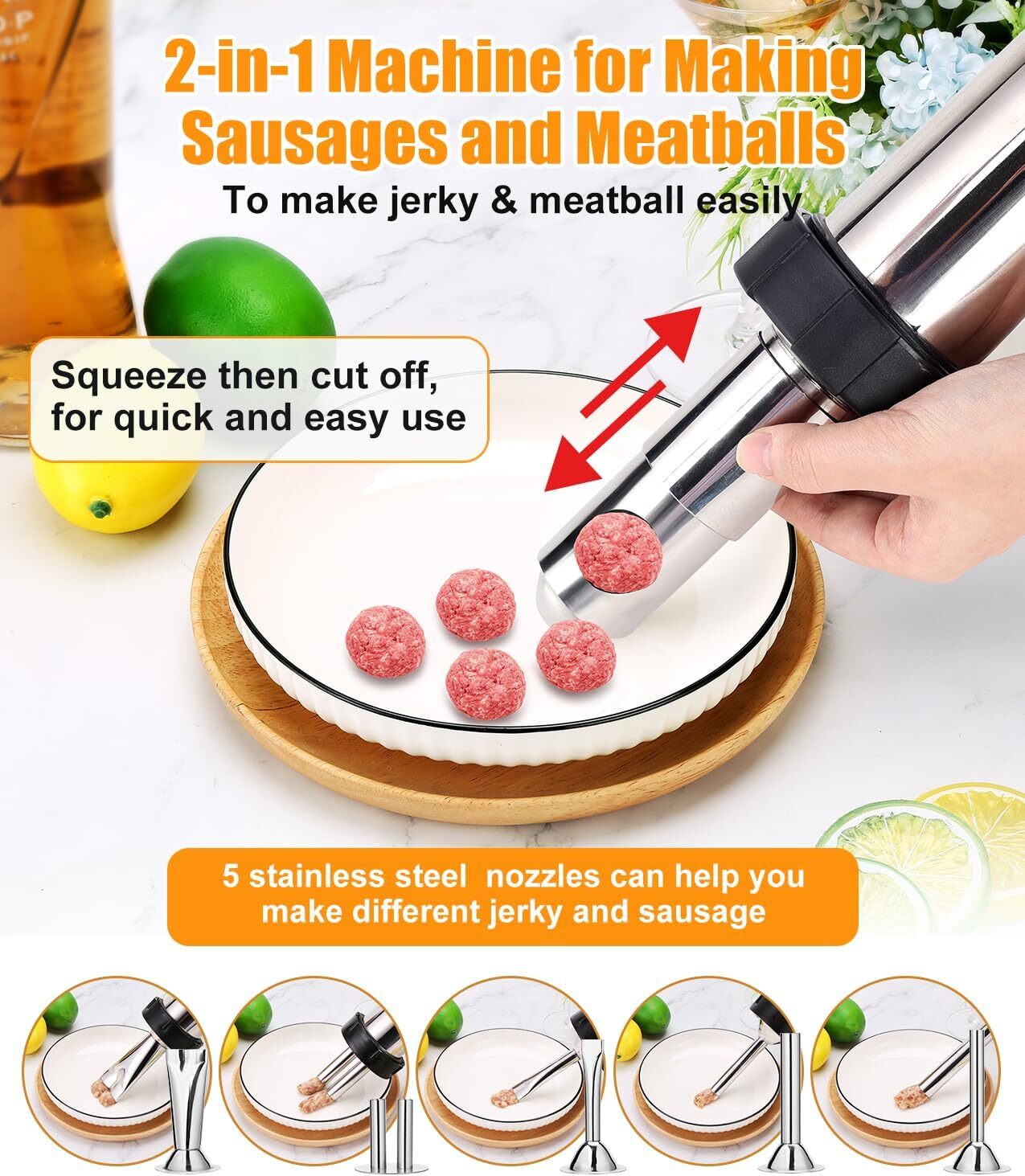 Meatball Maker Jerky Gun Kits 2.5 LB Stainless Steel Sausage Stuffer Waterproof
