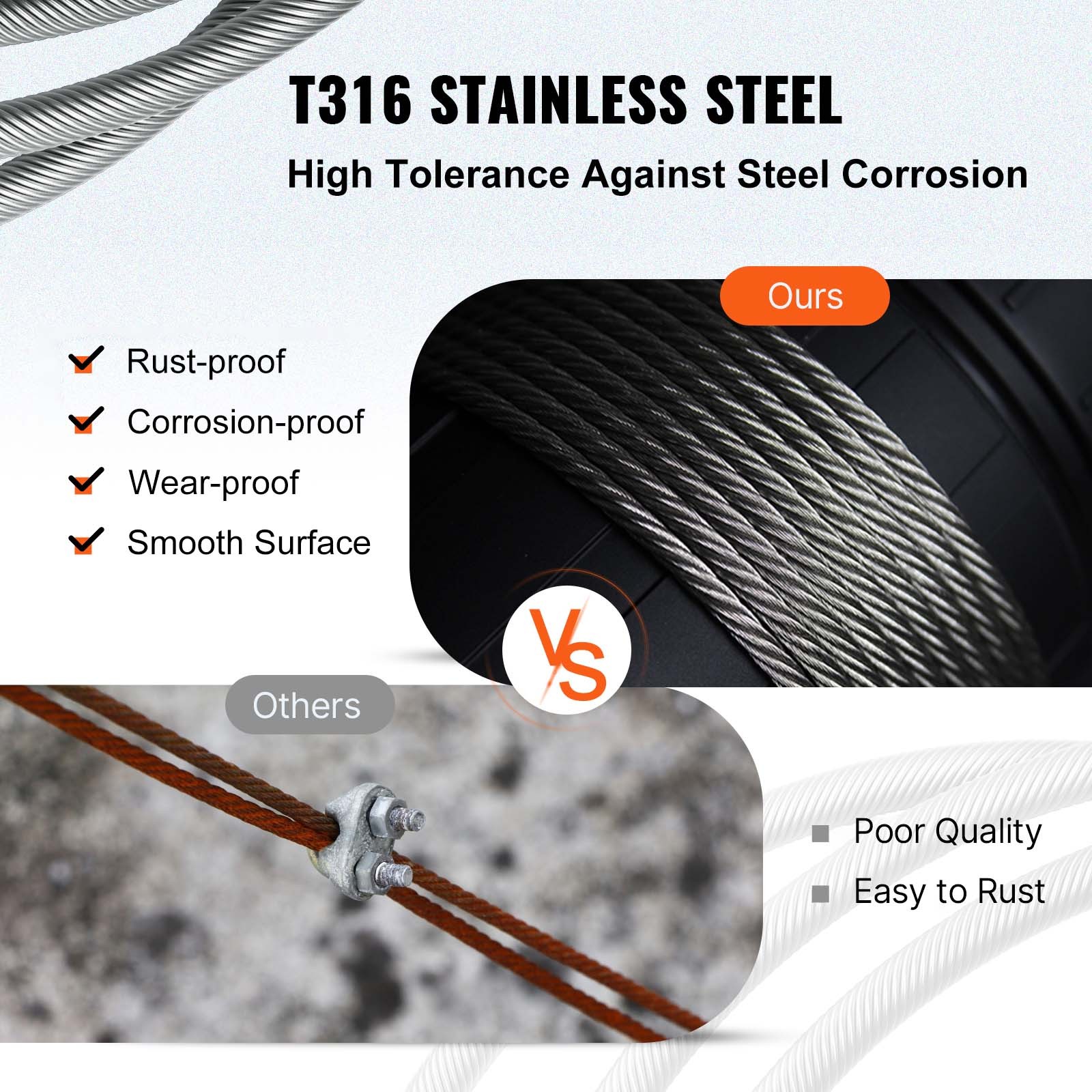 VEVOR T316 Stainless Steel Cable 3/16″x1000ft Wire Rope Cable Railing 1×19