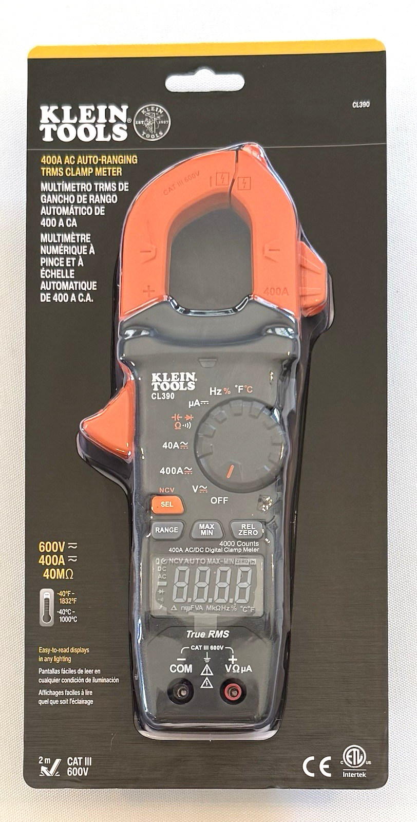 Klein Tools CL390 Auto-Ranging TRMS Digital Clamp Meter CAT III 600V 400A